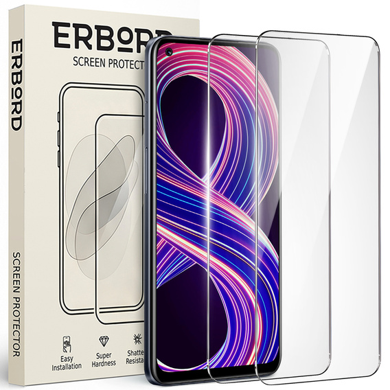 2x Tempered Glass for Realme 8 5G, ERBORD 9H Hard Glass for phone screen