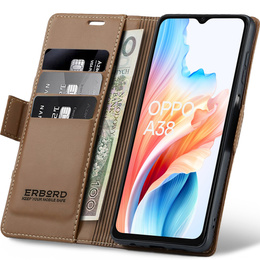 Case for Oppo A18 4G / A38 4G, ERBORD Glossy Litchi, wallet with flap, brown