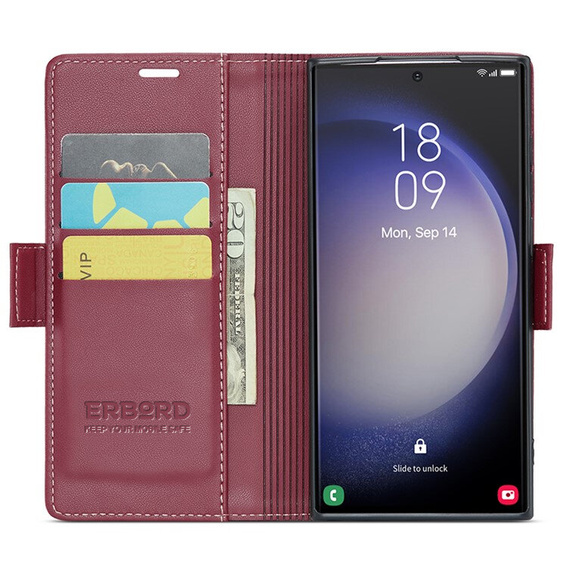 Case for Samsung Galaxy S24 Ultra, ERBORD Glossy Litchi, wallet with flap, red
