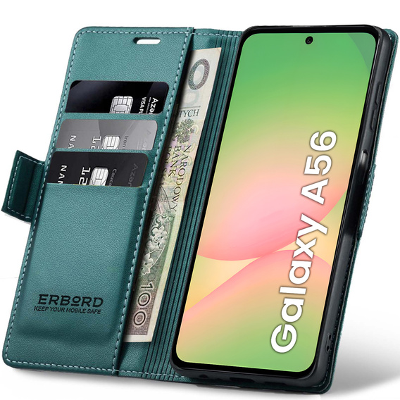 Etui do Samsung Galaxy A56 5G, ERBORD Glossy Litchi, portfel z klapką, zielone