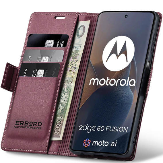 Case for Motorola Edge 60 / 60 Fusion, ERBORD Glossy Litchi, wallet with flap, red