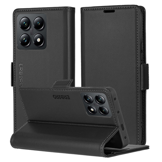 Case for Xiaomi 14T Pro, ERBORD Glossy Litchi, wallet with flap, black