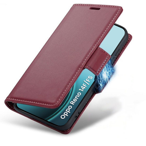 Case for Oppo Reno 14 F / 14 FS, ERBORD Glossy Litchi, wallet with flap, red