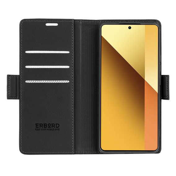 Case for Xiaomi Redmi Note 13 5G, ERBORD Glossy Litchi, wallet with flap, black
