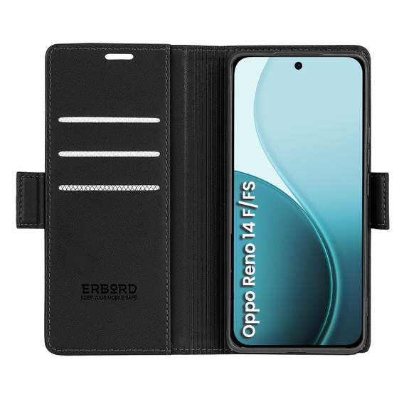 Case for Oppo Reno 14 F / 14 FS, ERBORD Glossy Litchi, wallet with flap, black