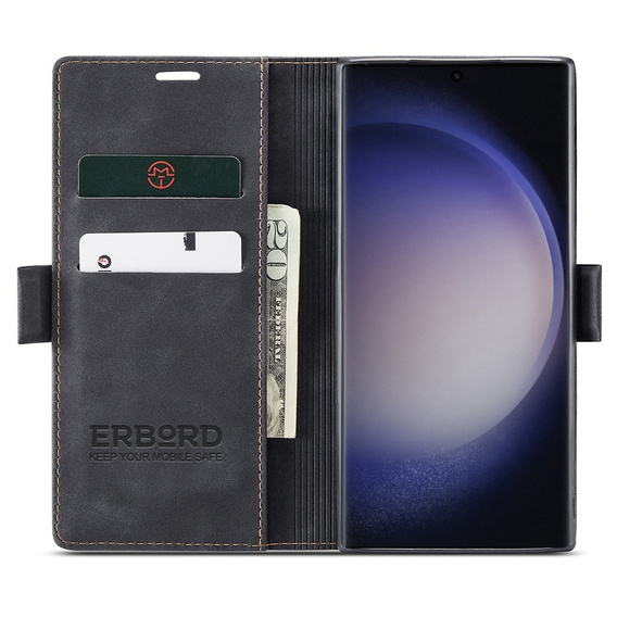 Case for Samsung Galaxy S23 Ultra, ERBORD Vintage, wallet with flap, black