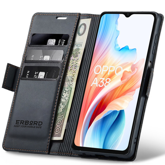 Case for Oppo A18 4G / A38 4G, ERBORD Glossy Litchi, wallet with flap, black