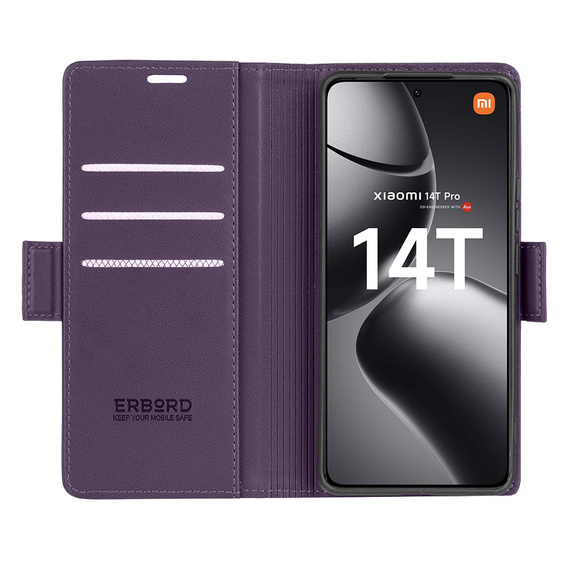 Case for Xiaomi 14T Pro, ERBORD Glossy Litchi, wallet with flap, purple