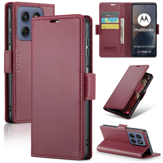 Case for Motorola Edge 60 / 60 Fusion, ERBORD Glossy Litchi, wallet with flap, red