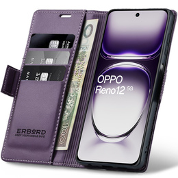 Case for Oppo Reno 12, ERBORD Glossy Litchi, wallet with flap, purple
