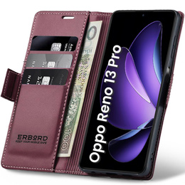 Etui do Oppo Reno 13 Pro, ERBORD Glossy Litchi, portfel z klapką, czerwone