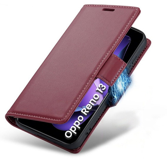 Case for Oppo Reno 13, ERBORD Glossy Litchi, wallet with flap, red