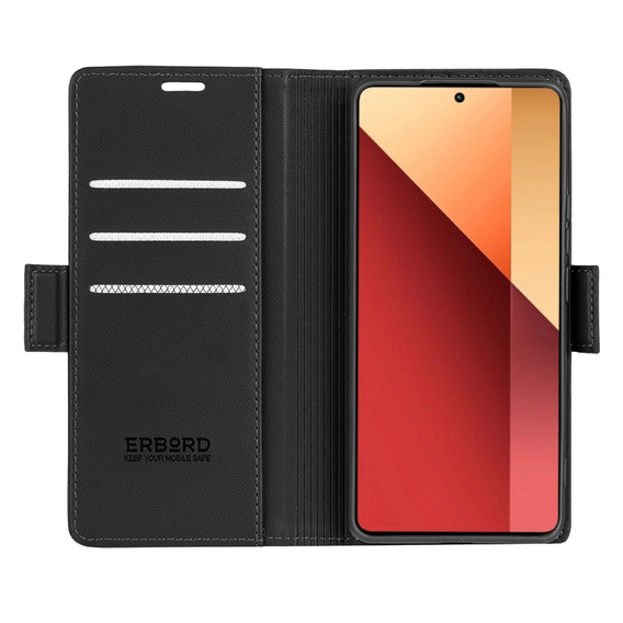 Case for Xiaomi Redmi Note 13 Pro 4G / Xiaomi Redmi Note 14S / Xiaomi Poco M6 Pro 4G, ERBORD Glossy Litchi, wallet with flap, black