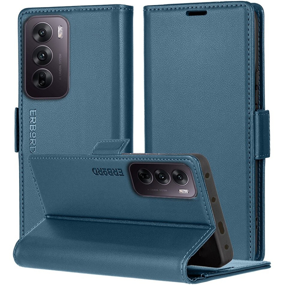 Case for Oppo Reno 12 Pro, ERBORD Glossy Litchi, wallet with flap, blue