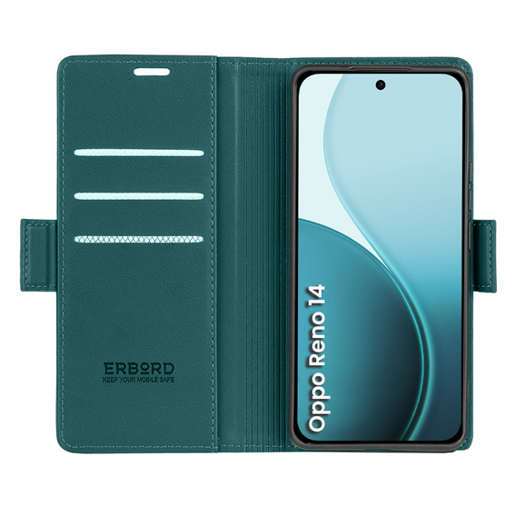 Case for Oppo Reno 14, ERBORD Glossy Litchi, wallet with flap, green