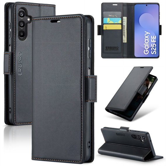 Case for Samsung Galaxy S25 FE, ERBORD Glossy Litchi, wallet with flap, black