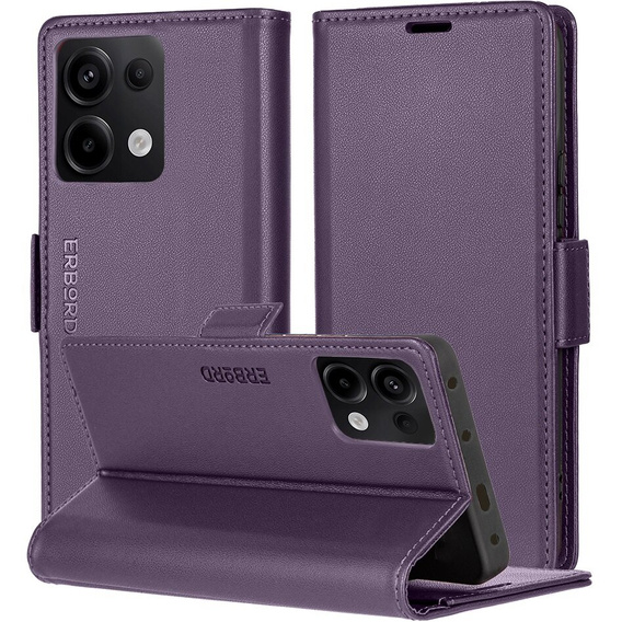 Etui do Xiaomi Redmi Note 13 Pro 4G / Xiaomi Redmi Note 14S / Xiaomi Poco M6 Pro 4G, ERBORD Glossy Litchi, portfel z klapką, fioletowe