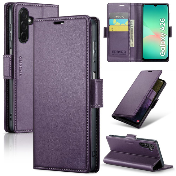 Case for Samsung Galaxy A26, ERBORD Glossy Litchi, wallet with flap, purple