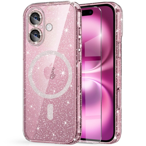 Case for iPhone 16, ERBORD Glitter MagSafe, pink + Screen Glass