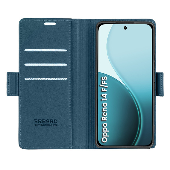 Case for Oppo Reno 14 F / 14 FS, ERBORD Glossy Litchi, wallet with flap, blue