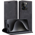 Case for iPhone 15 Pro, ERBORD Vintage, wallet with flap, black
