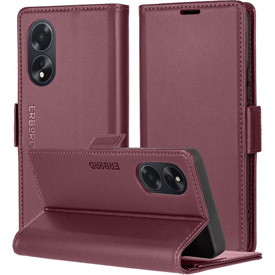 Case for Oppo A18 4G / A38 4G, ERBORD Glossy Litchi, wallet with flap, red