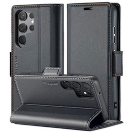 Case for Samsung Galaxy S24 Ultra, ERBORD Glossy Litchi, wallet with flap, black