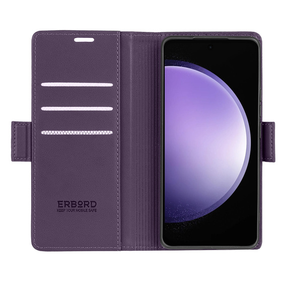 Case for Samsung Galaxy S23 FE, ERBORD Glossy Litchi, wallet with flap, purple