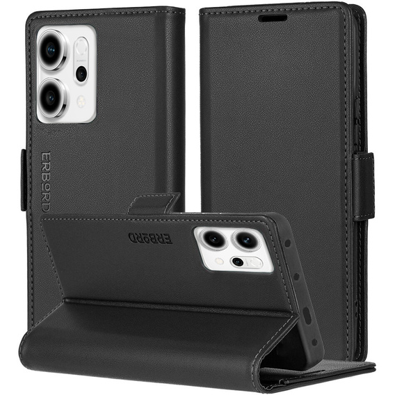 Case for Oppo Reno 14, ERBORD Glossy Litchi, wallet with flap, black