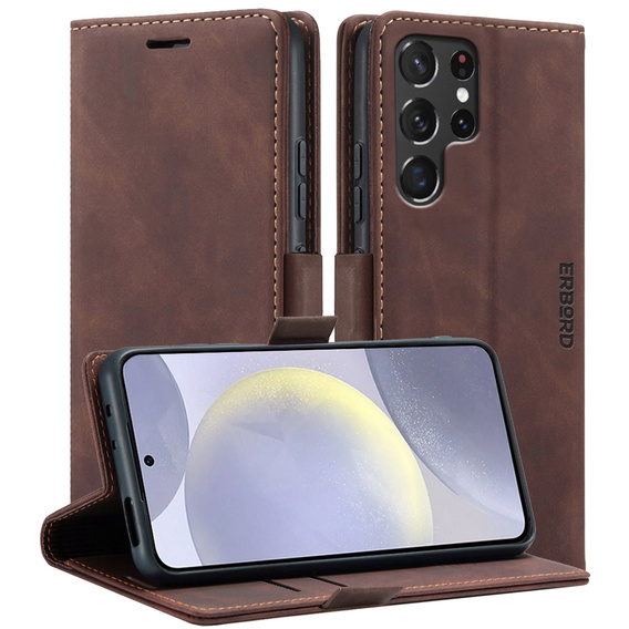 Case for Samsung Galaxy S24 Ultra, ERBORD Vintage, wallet with flap, coffee