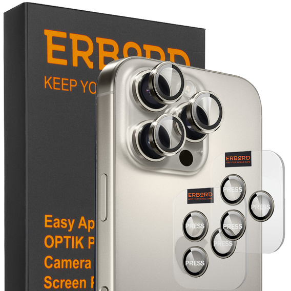 2x ERBORD OPTIK Pro Camera Tempered Glass for iPhone 16 Pro/16 Pro Max / 15 Pro/15 Pro Max/14 Pro/14 Pro Max, titanium