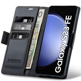Case for Samsung Galaxy S23 FE, ERBORD Glossy Litchi, wallet with flap, black