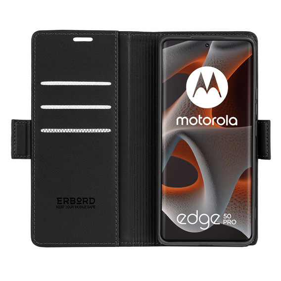Case for Motorola Edge 50 Pro, ERBORD Glossy Litchi, wallet with flap, black