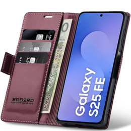 Case for Samsung Galaxy S25 FE, ERBORD Glossy Litchi, wallet with flap, red