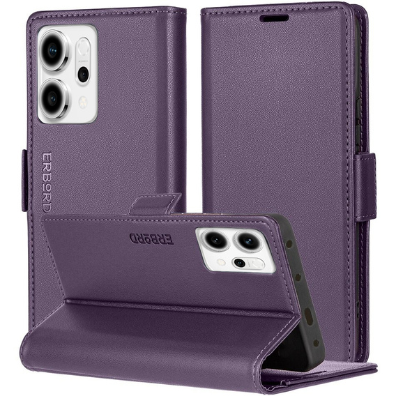 Etui do Oppo Reno 14, ERBORD Glossy Litchi, portfel z klapką, fioletowe