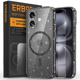 Case for iPhone 16, ERBORD Glitter MagSafe, black + Screen Glass