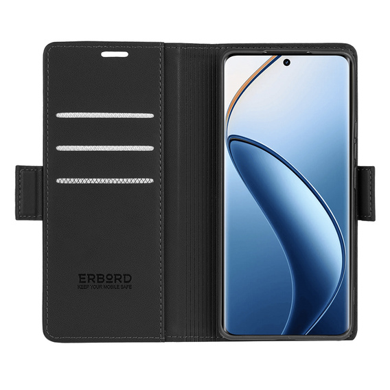 Case for Realme 12 Pro 5G / 12 Pro+ 5G, ERBORD Glossy Litchi, wallet with flap, black