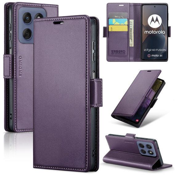 Case for Motorola Edge 60 / 60 Fusion, ERBORD Glossy Litchi, wallet with flap, purple