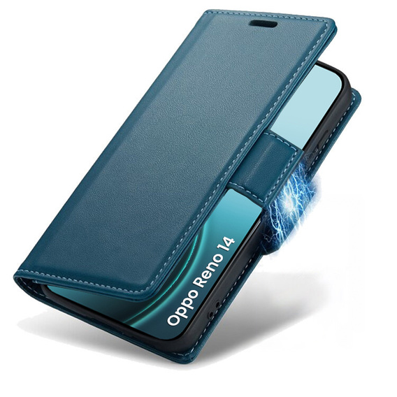 Case for Oppo Reno 14, ERBORD Glossy Litchi, wallet with flap, blue