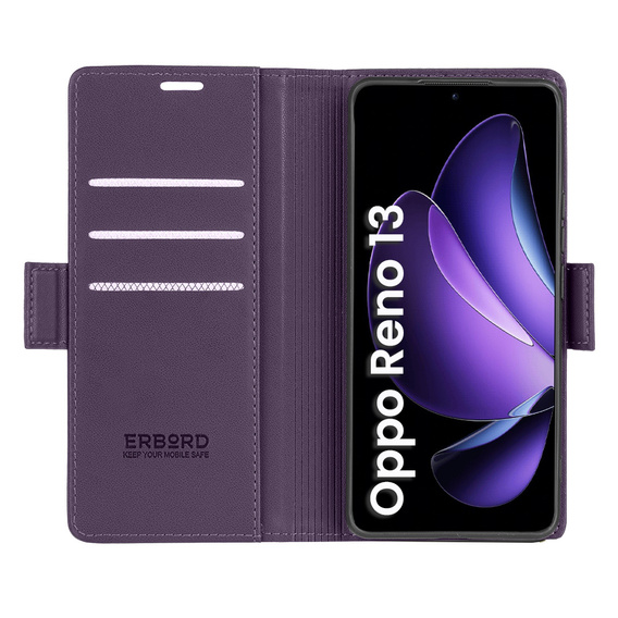 Case for Oppo Reno 13, ERBORD Glossy Litchi, wallet with flap, purple