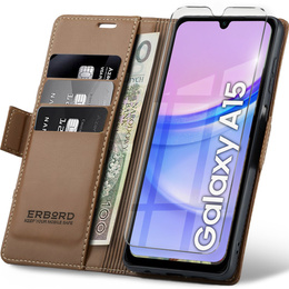 Case for Samsung Galaxy A15 4G / 5G, ERBORD Glossy Litchi, flip wallet + 9H Tempered Glass