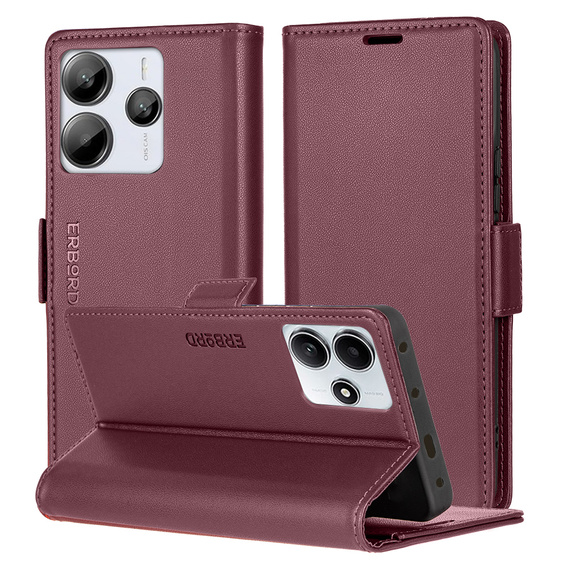 Case for Xiaomi Redmi Note 14 5G, ERBORD Glossy Litchi, wallet with flap, red