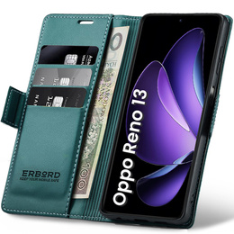 Case for Oppo Reno 13, ERBORD Glossy Litchi, wallet with flap, green