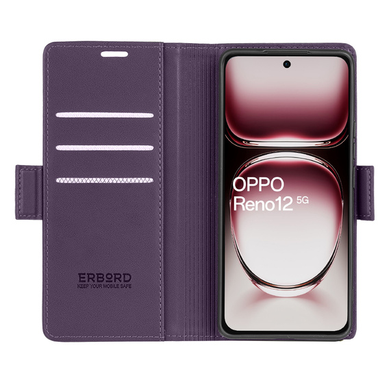 Case for Oppo Reno 12, ERBORD Glossy Litchi, wallet with flap, purple