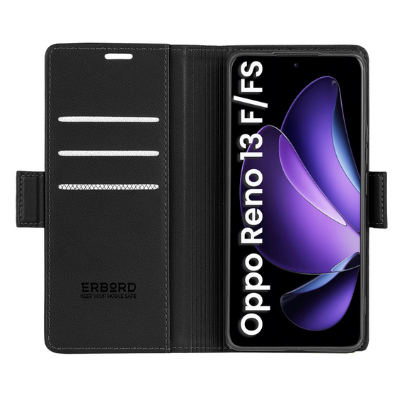 Case for Oppo Reno 13F / Oppo Reno 13FS, ERBORD Glossy Litchi, wallet with flap, black