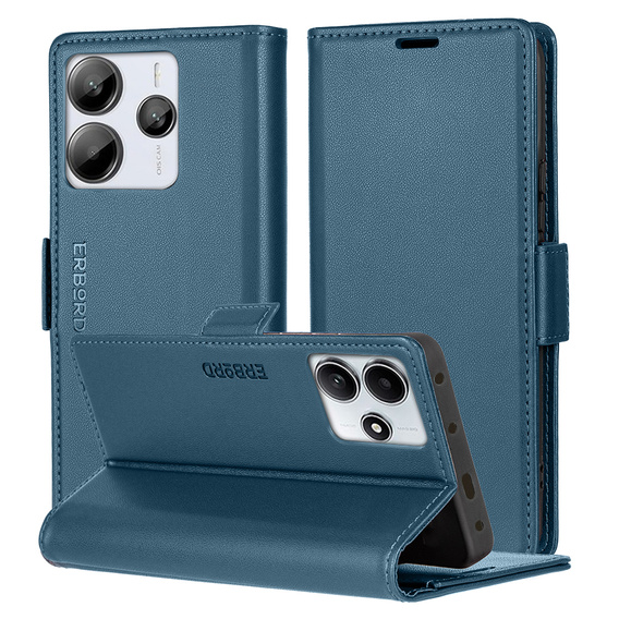 Case for Xiaomi Redmi Note 14 5G, ERBORD Glossy Litchi, wallet with flap, blue