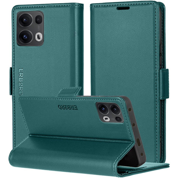 Case for Oppo Reno 13 Pro, ERBORD Glossy Litchi, wallet with flap, green