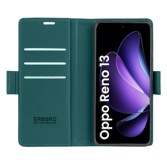 Case for Oppo Reno 13, ERBORD Glossy Litchi, wallet with flap, green