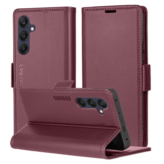 Case for Samsung Galaxy S24 FE, ERBORD Glossy Litchi, wallet with flap, red