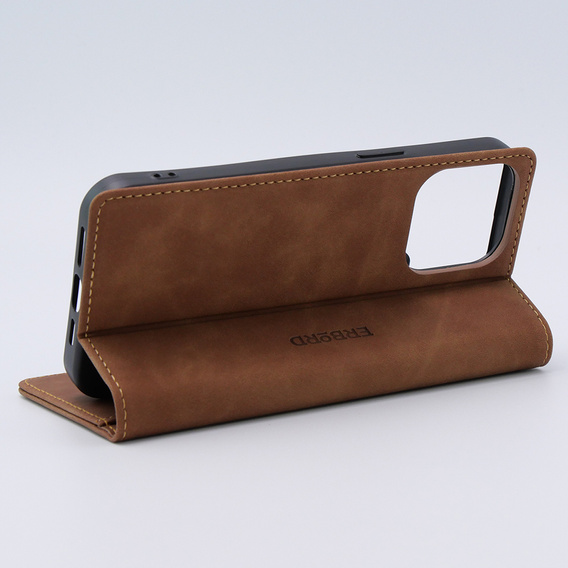 Case for iPhone 15 Pro, ERBORD Vintage, wallet with flap, brown